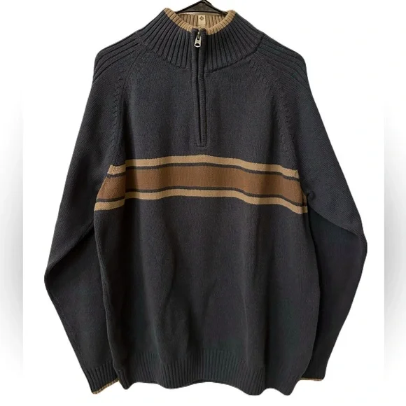 Columbia Mens Size XL Steel Blue & Tan Wide Stripe 1/4 Zip Mock Sweater EUC - Picture 1 of 7